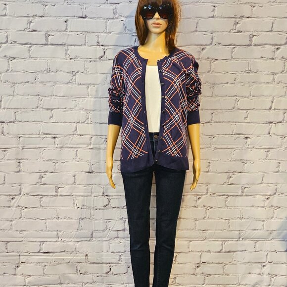 CHARTER CLUB, Navy blue/white/pink plaid cotton cardigan - Picture 5 of 13